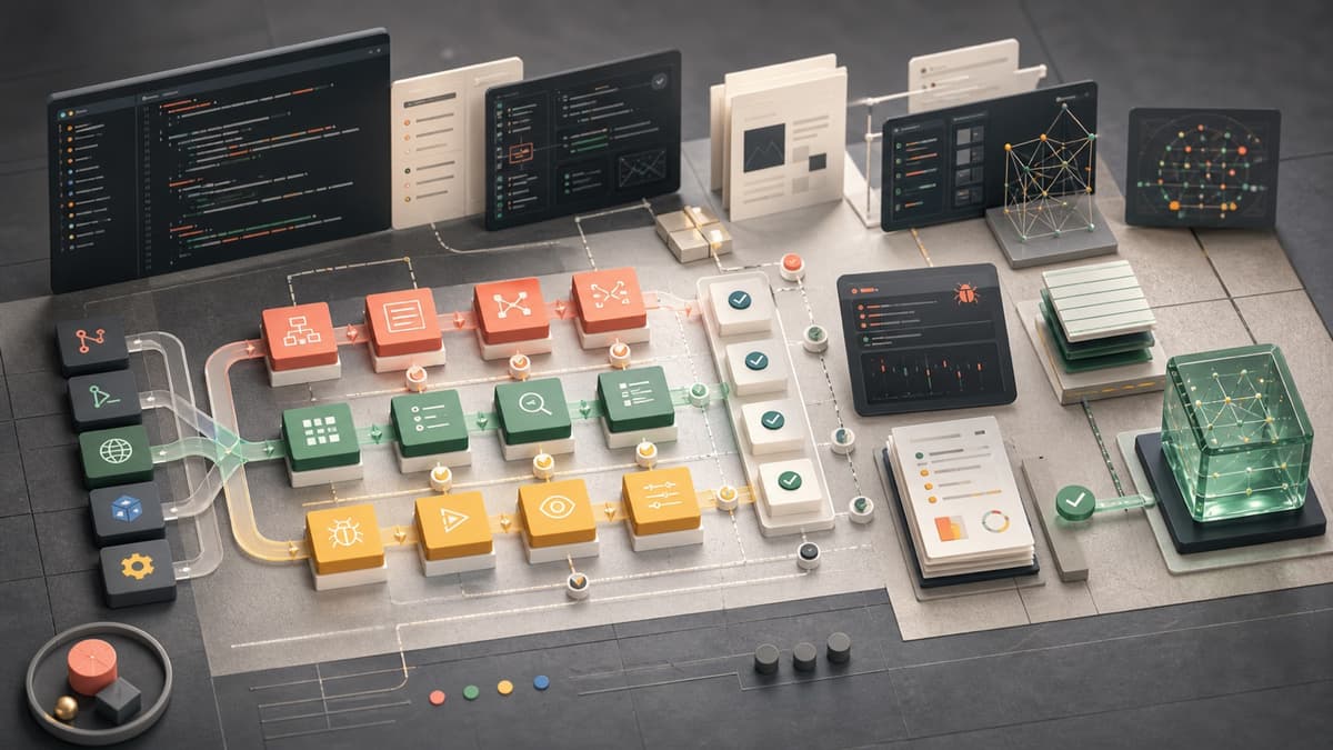 Claude Opus 5 agentic coding workflow connecting planning, tools, testing, debugging, and a verified build