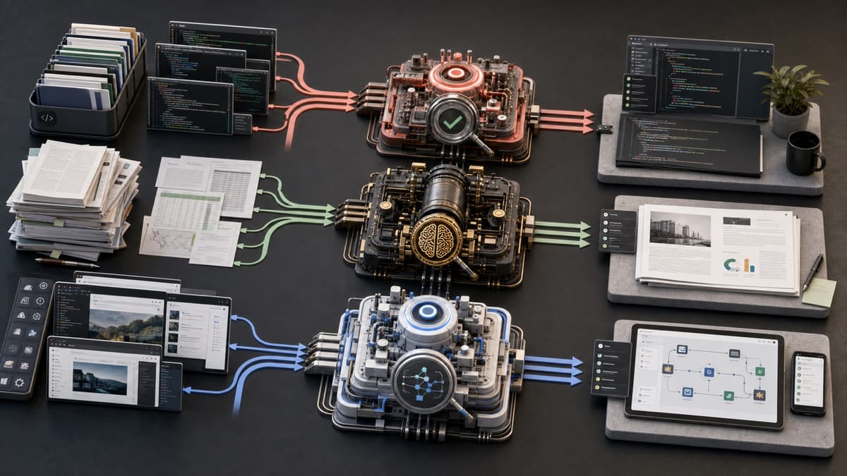Professional coding, research, and web workflows routed through three purpose-built AI systems to verified outputs