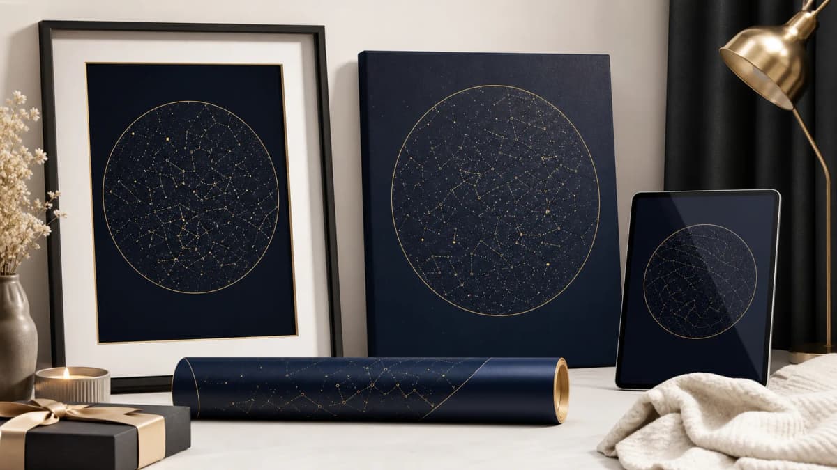 Finished personalized star map poster, canvas, and digital print products