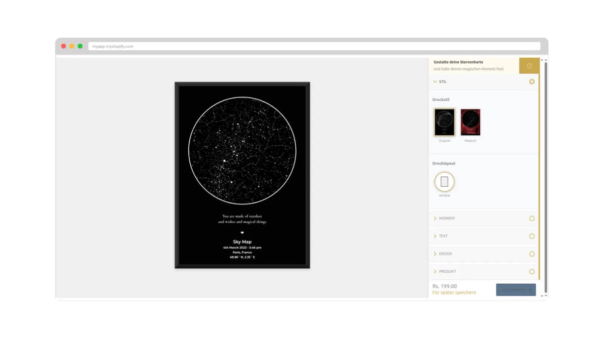 Real Shopify product page using the Starmap live star map customizer