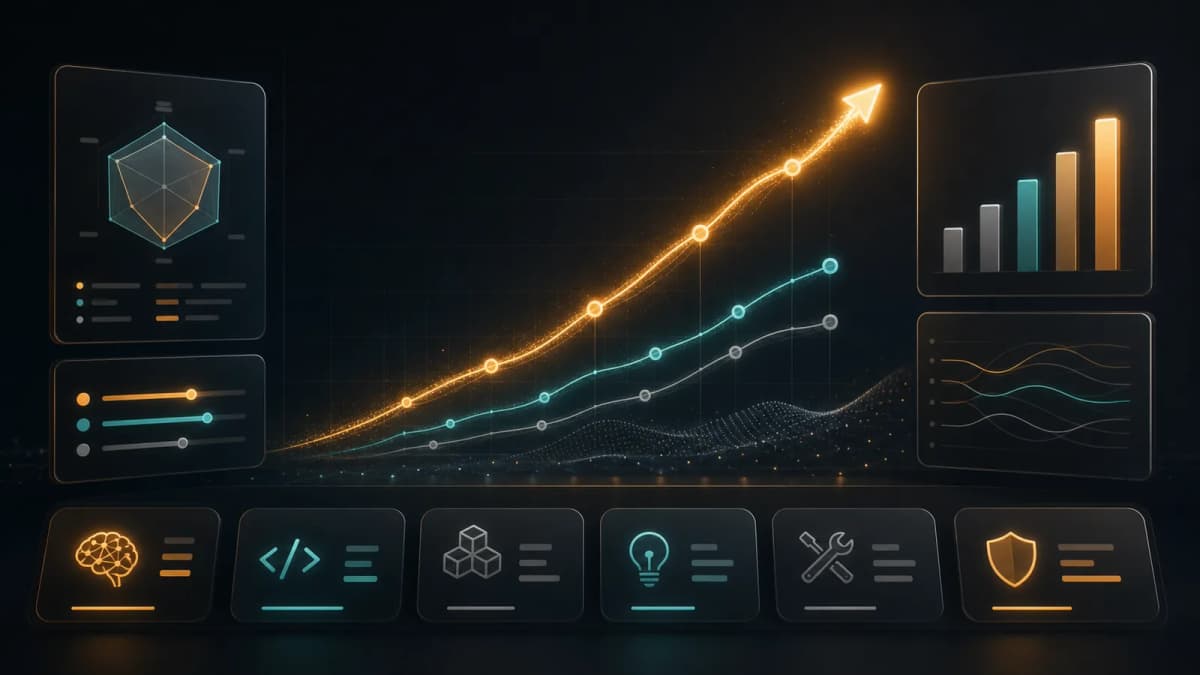 Claude Fable 5 benchmark results shown as an abstract rising performance dashboard