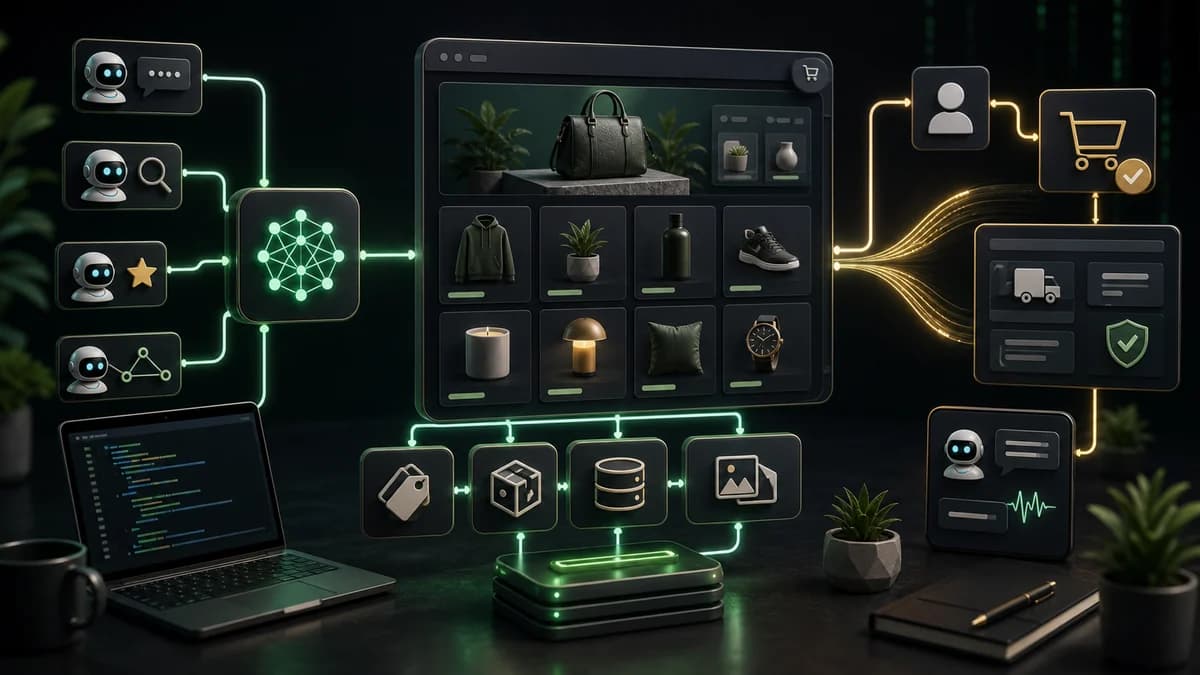 Agent-ready Shopify storefront architecture connecting product data checkout and discovery channels